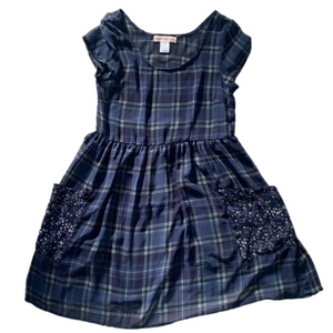 band of gypsies Plaid Side Floral Pocket Sheer Short Sleeve Skater Dress XS